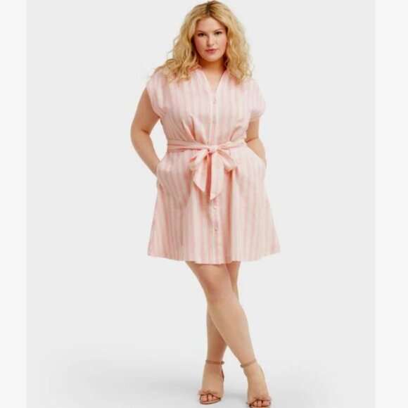 DRAPER JAMES Trisha Linen Belted Shirtdress in Light Pink Cabana Stripe, Plus 2X - Picture 1 of 9
